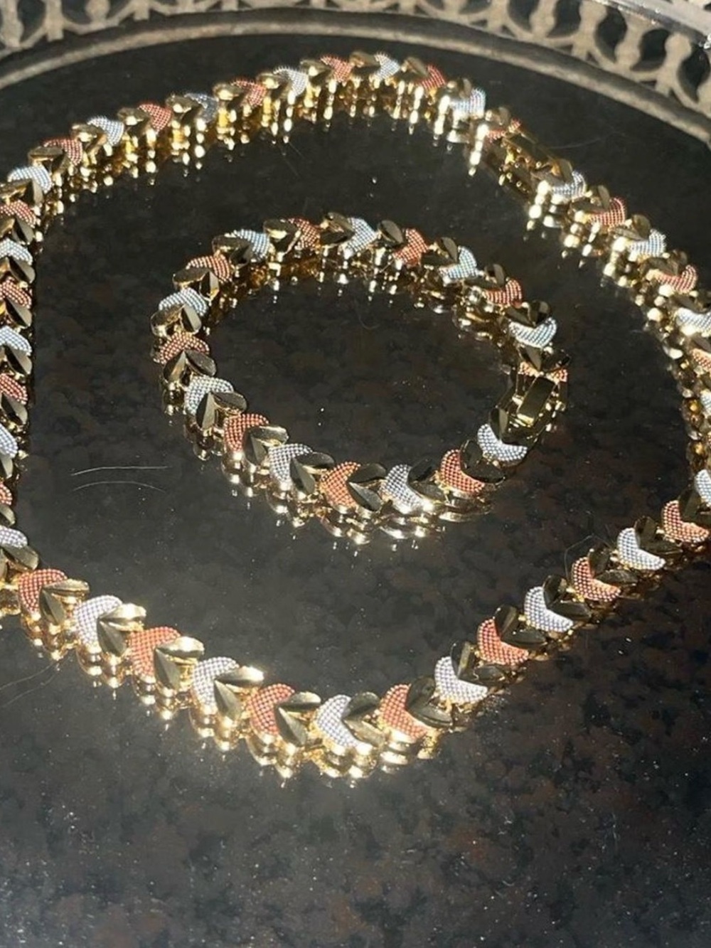 Tri-Tone Gold Link Bracelet and Necklace Set - Women Jewelry